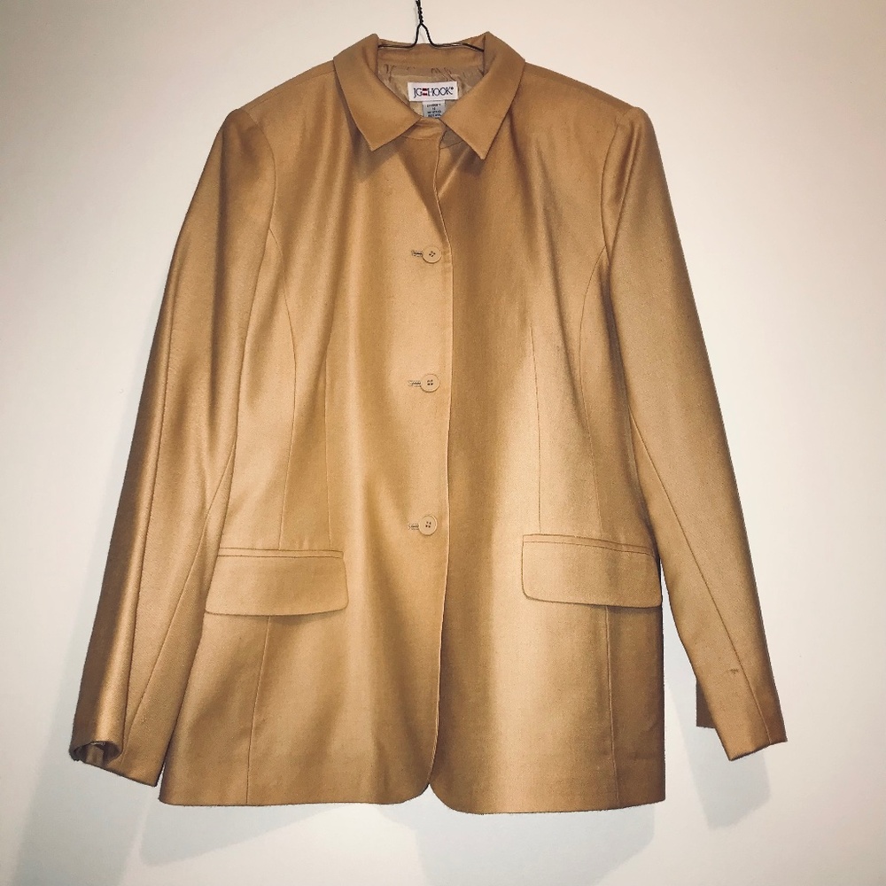 Vintage 90s JG HOOK Camel Brown Tan 100% Wool Blazer Size 14 Classic Career Fall